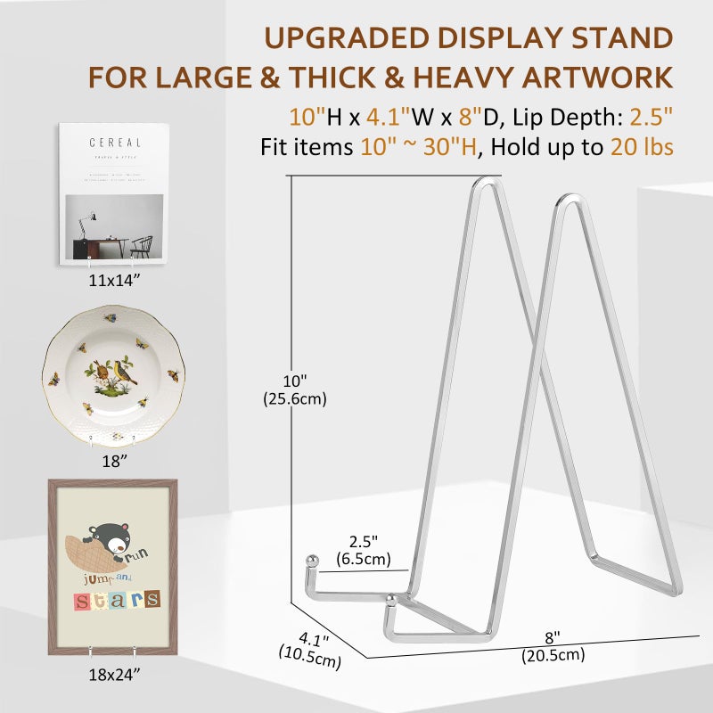 DIDUDIDU Large Plate Holder Display Stand - 10 inch Tall Plate Stands for Display - Metal Picture Frame Stand - Big Tabletop Easel Stand for Decorative Plates | Platter | Book | Plaque | Tile - 2 Pack - Silver - Image 2